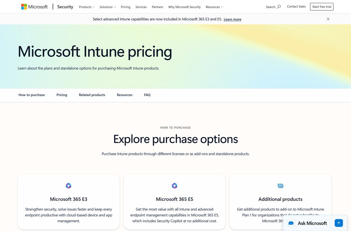 Microsoft Intune pricing page showing plans and per-user costs