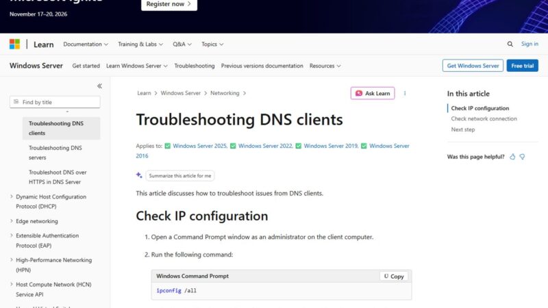 Microsoft Learn DNS troubleshooting page listing administrator Command Prompt steps