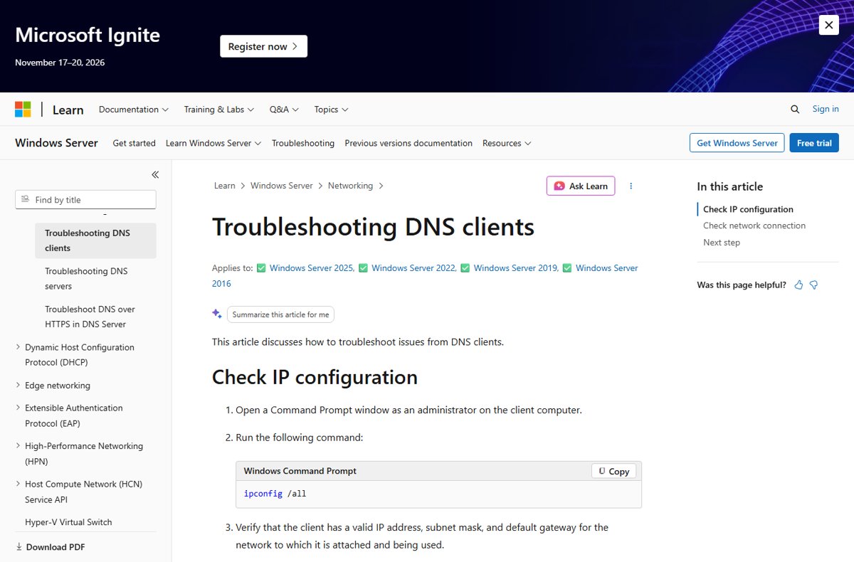 Microsoft Learn DNS troubleshooting page listing administrator Command Prompt steps