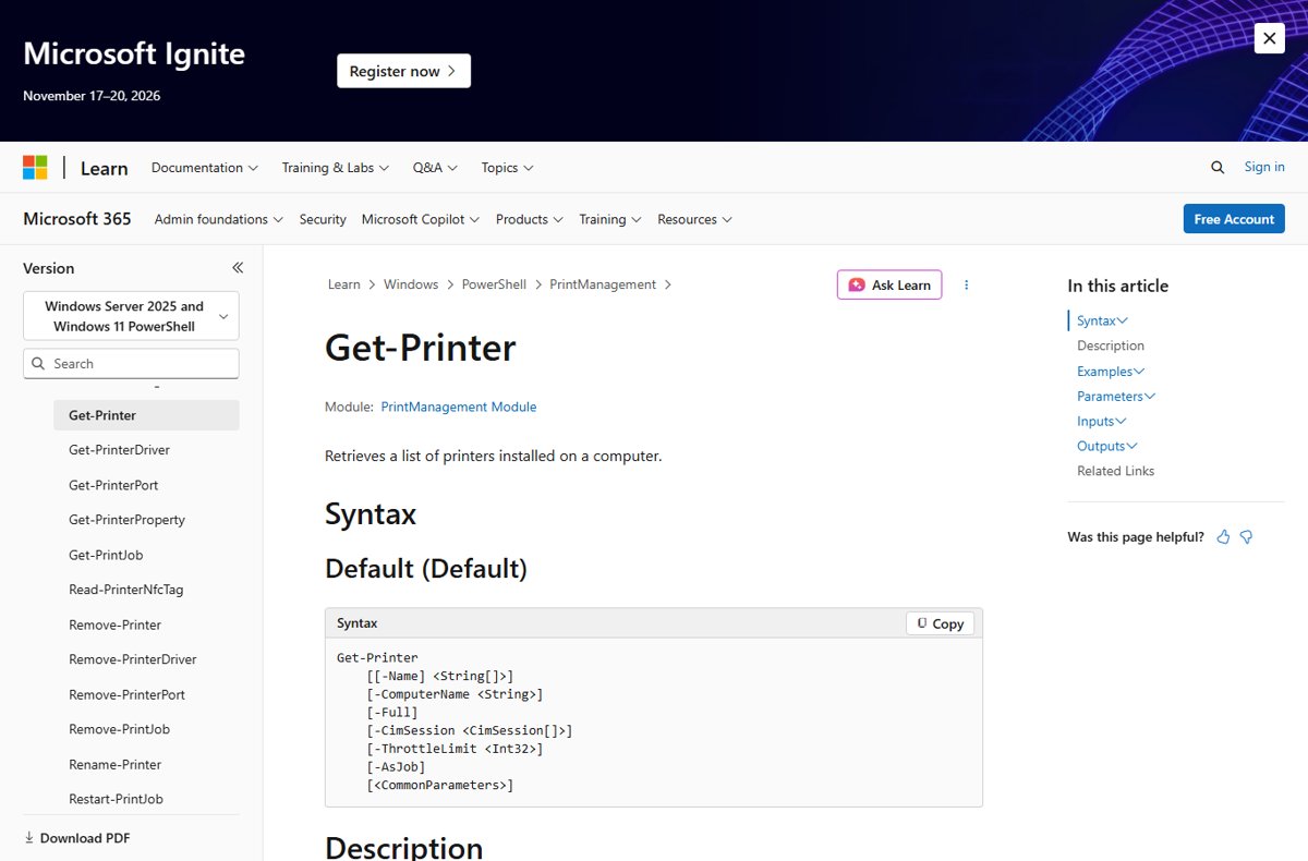 Microsoft Learn Get-Printer cmdlet syntax reference page