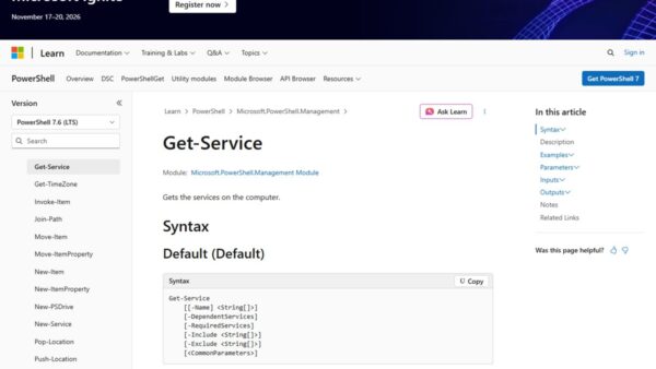 Microsoft Learn Get-Service cmdlet reference page showing its syntax