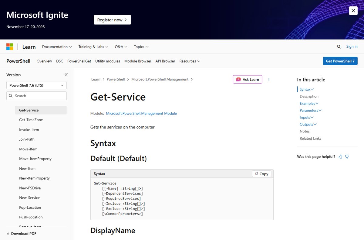 Microsoft Learn Get-Service cmdlet reference page showing its syntax