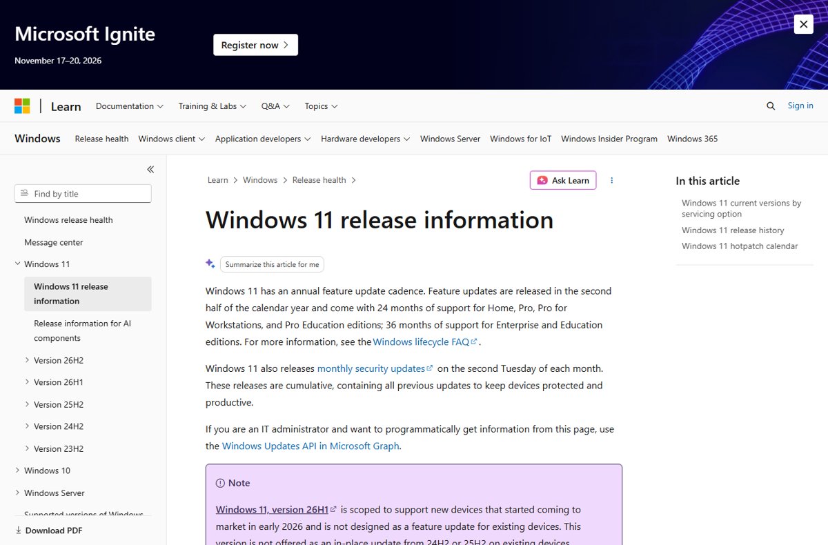 Microsoft Learn Windows 11 release information page covering versions and update cadence