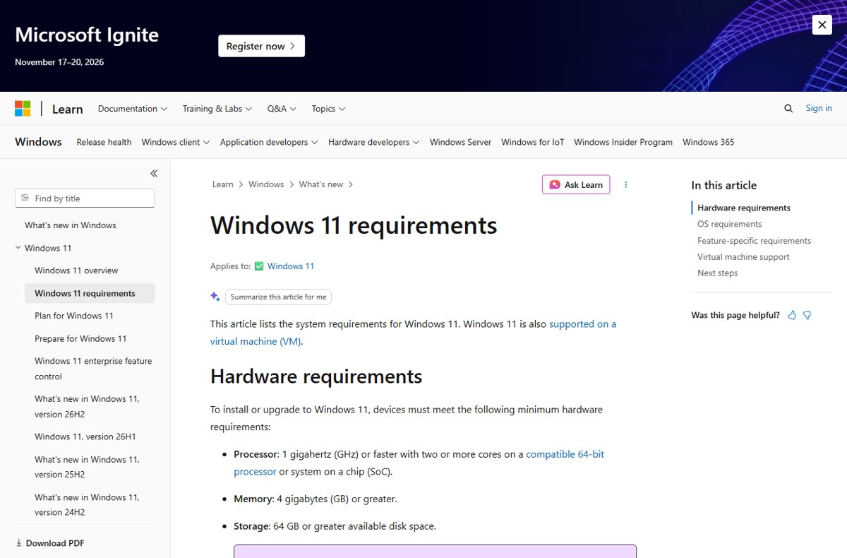 Microsoft Learn Windows 11 requirements page listing processor, memory and storage minimums
