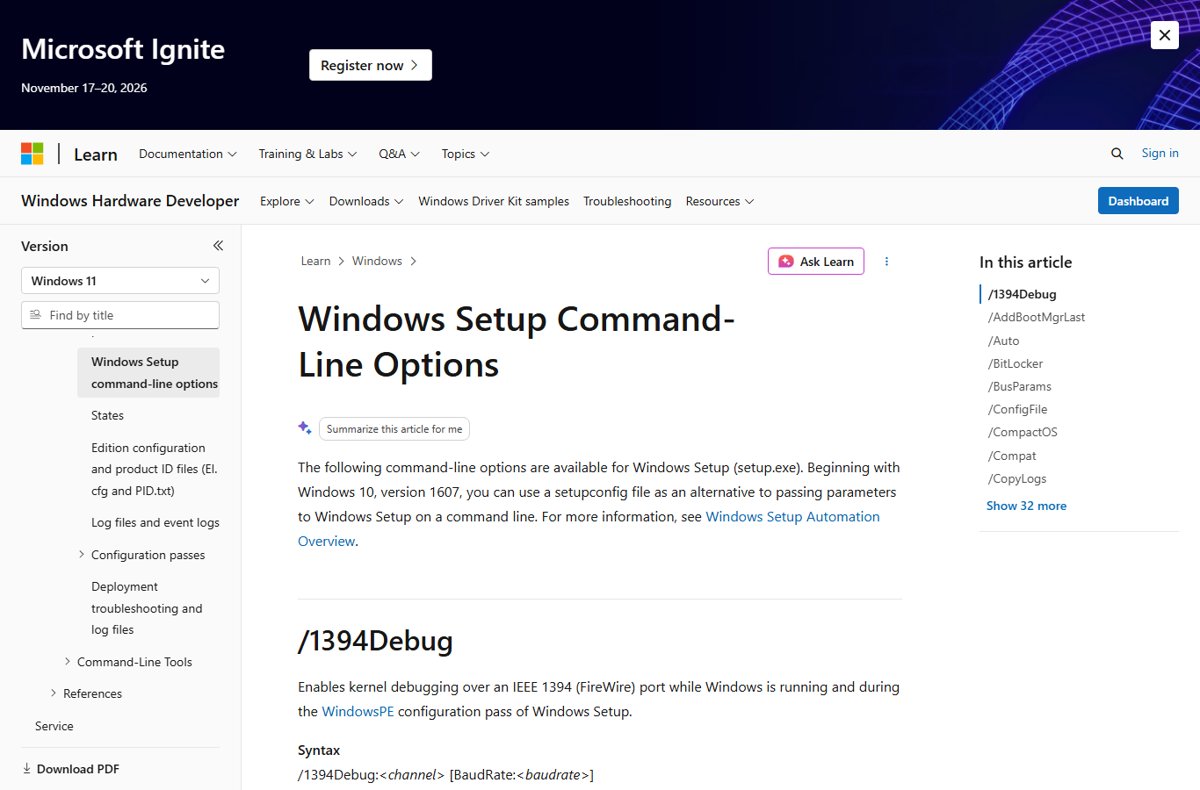 Microsoft Learn Windows Setup command-line options reference page listing setup.exe switches