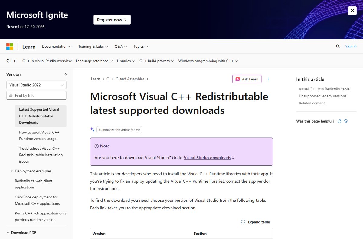Microsoft Learn download page for the Visual C++ Redistributable