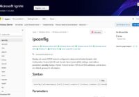 Microsoft Learn ipconfig documentation page showing command syntax options