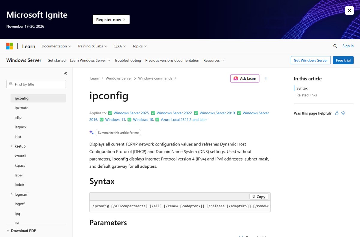 Microsoft Learn ipconfig documentation page showing command syntax options