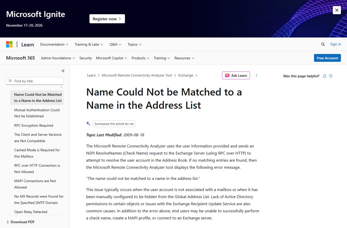 Microsoft Learn page explaining the address list name matching error