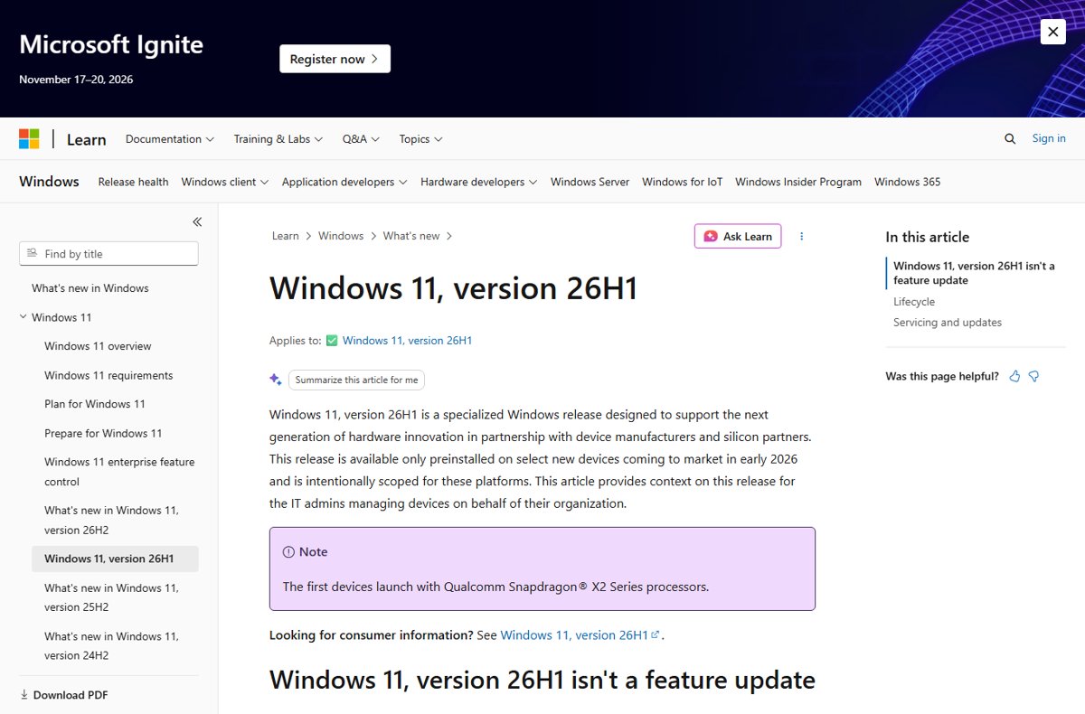 Microsoft Learn page for Windows 11 version 26H1 with lifecycle navigation