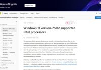 Microsoft Learn page listing Windows 11 version 25H2 supported Intel processors
