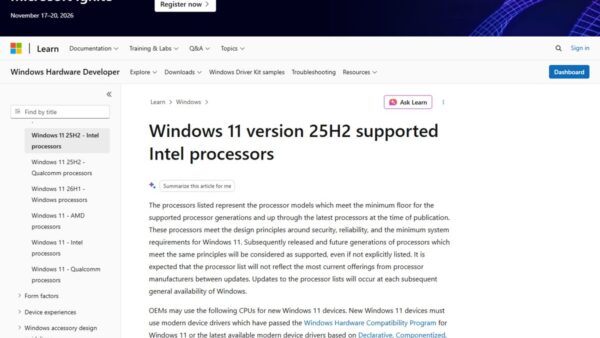 Windows 11 26H2 supported CPU list
