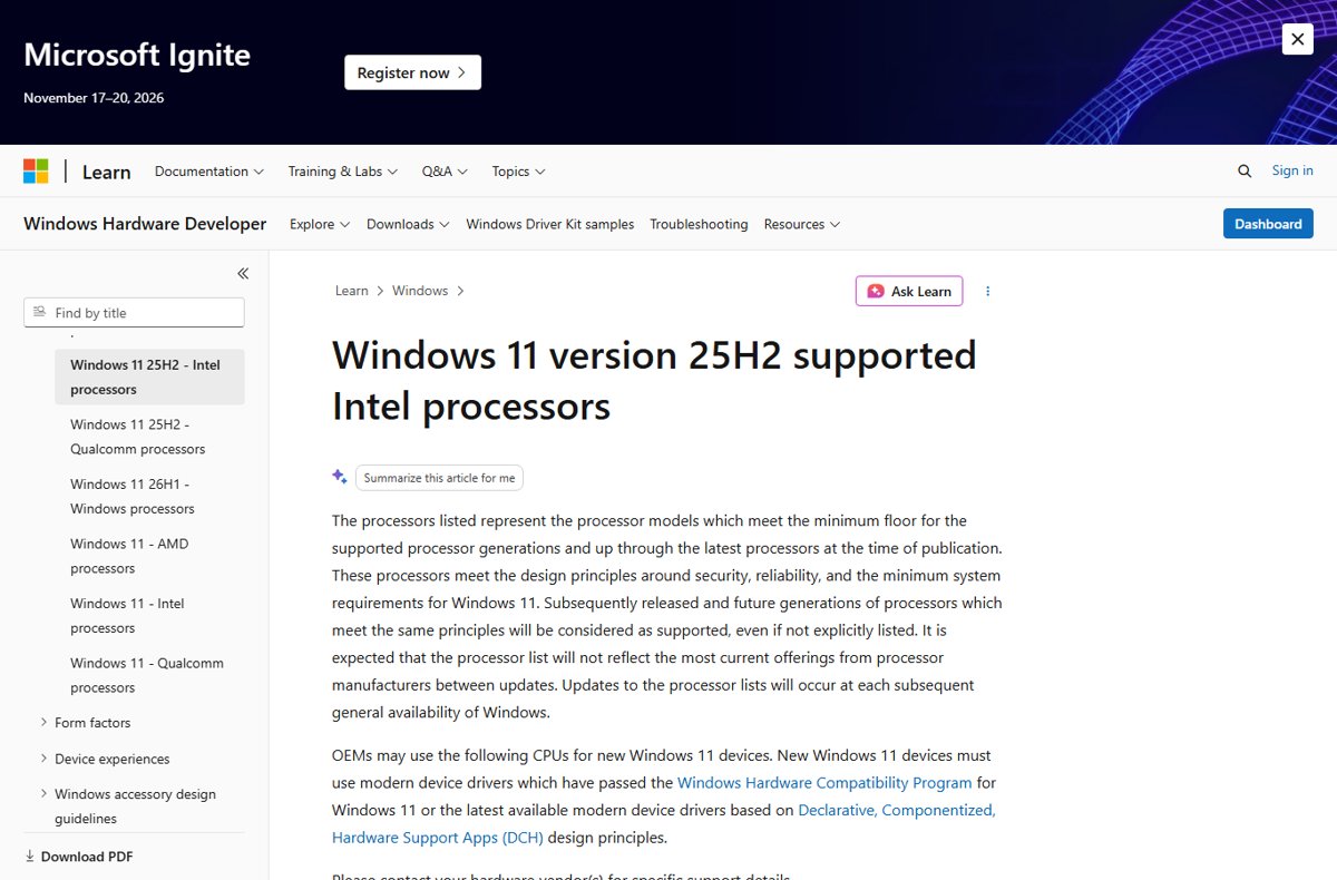 Microsoft Learn page listing Windows 11 version 25H2 supported Intel processors