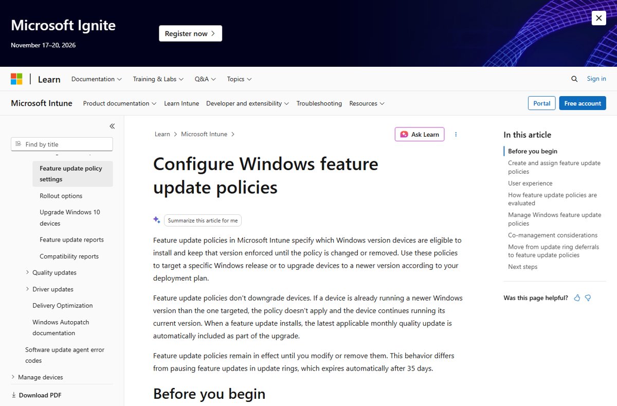 Microsoft Learn page on configuring Windows feature update policies in Intune