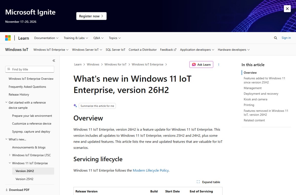 Microsoft Learn page on what's new in Windows 11 IoT Enterprise version 26H2