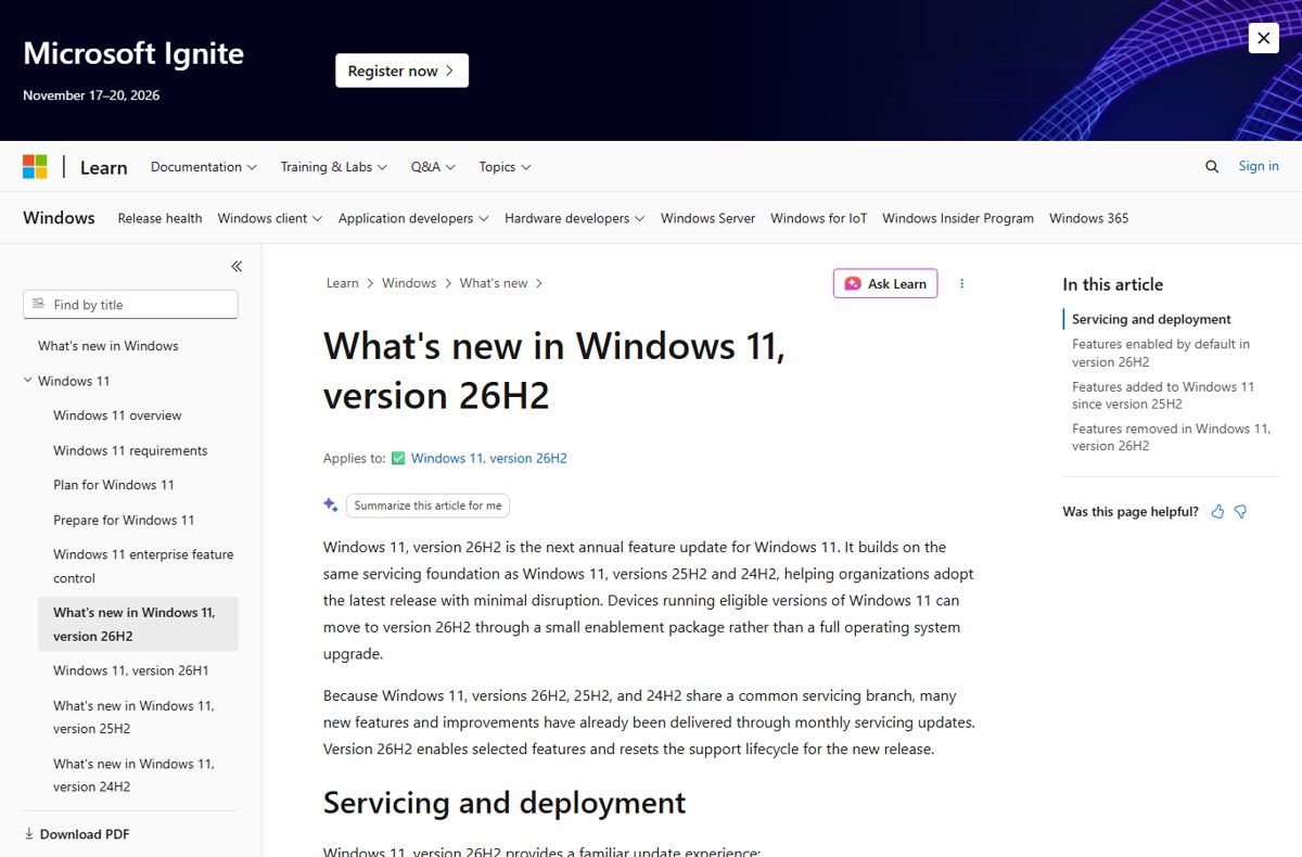 Microsoft Learn page titled What's new in Windows 11, version 26H2