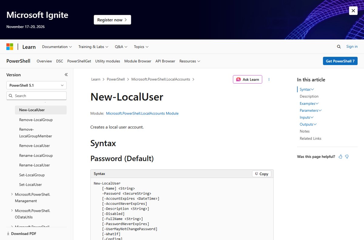 Microsoft Learn reference page for the New-LocalUser PowerShell cmdlet syntax