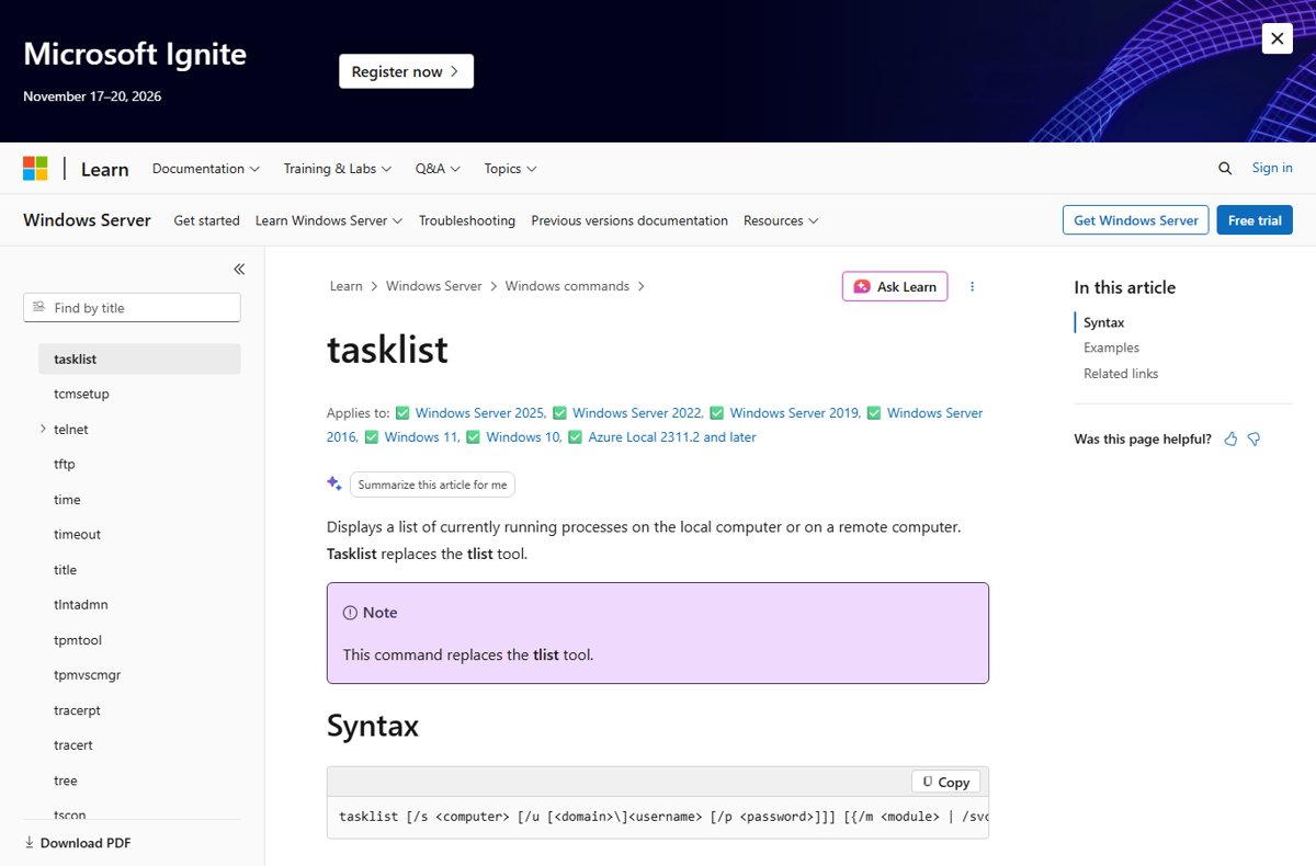 Microsoft Learn tasklist reference page showing the command's syntax box