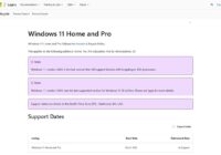 Microsoft Lifecycle page for Windows 11 Home and Pro with support dates table