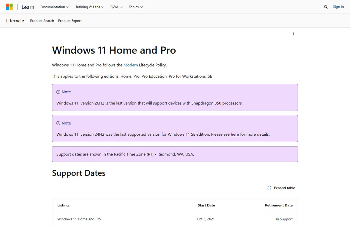 Microsoft Lifecycle page for Windows 11 Home and Pro with support dates table