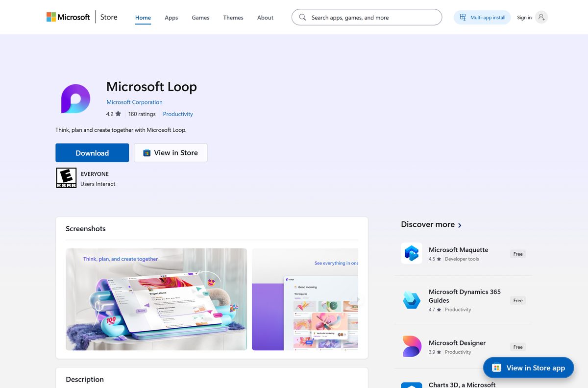 Microsoft Store listing for Loop with its publisher and Get button