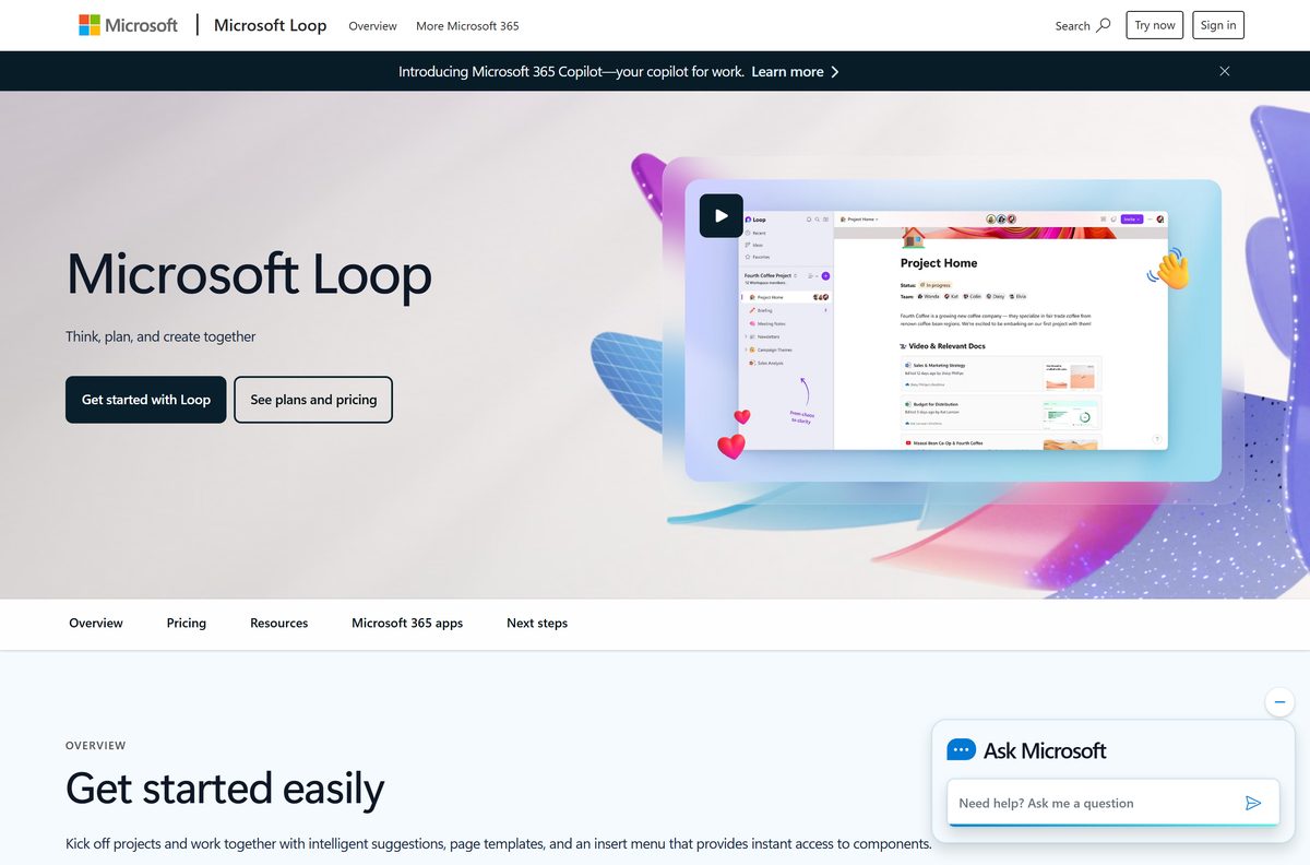 Microsoft Loop product page describing workspaces, pages and components