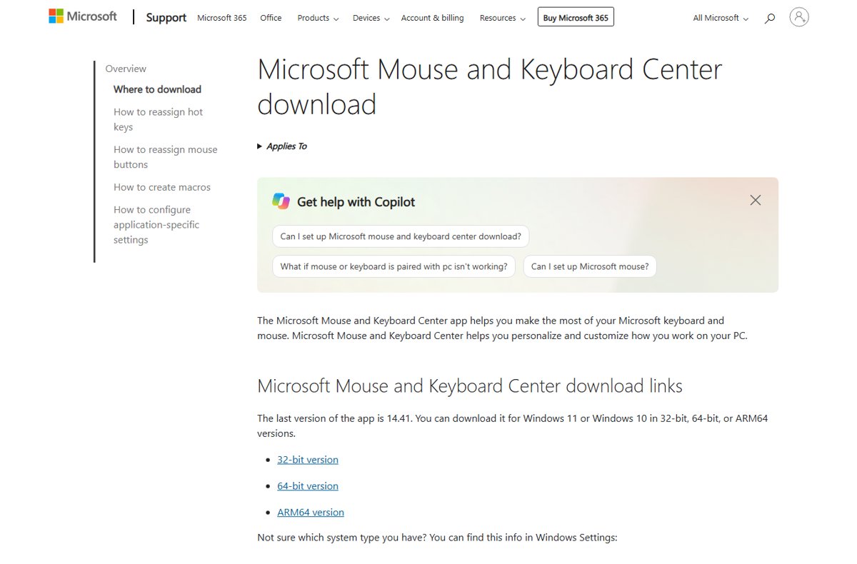 Microsoft Mouse and Keyboard Center download page listing version links