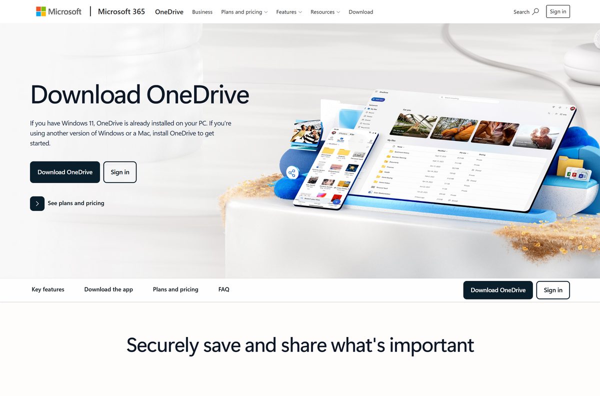 Microsoft download page with the Download OneDrive button