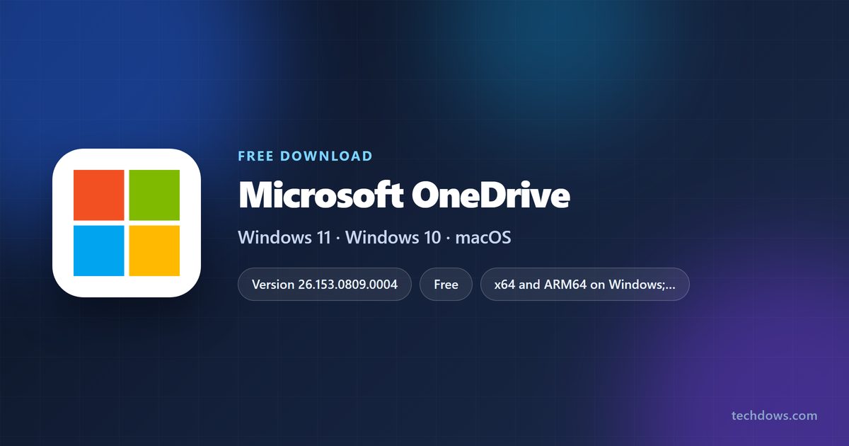 Microsoft OneDrive logo with version, price and supported systems