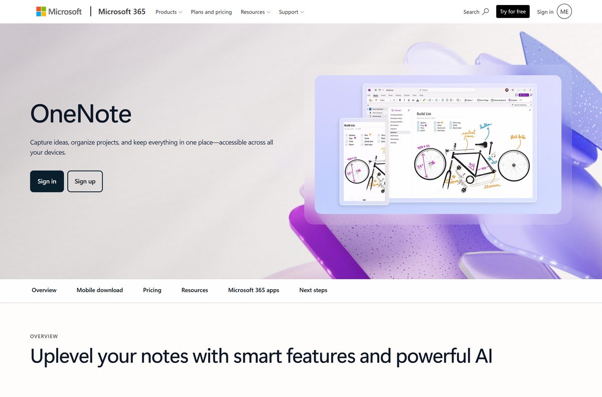 Microsoft product page for OneNote with sign-in and plan options