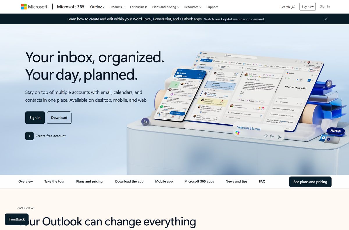 Microsoft page with download buttons for Outlook on Windows, Mac and mobile