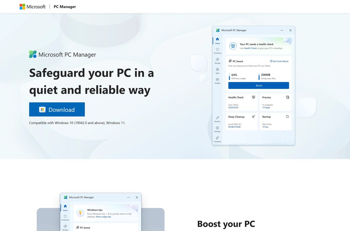 Official PC Manager website with its Download button and feature list