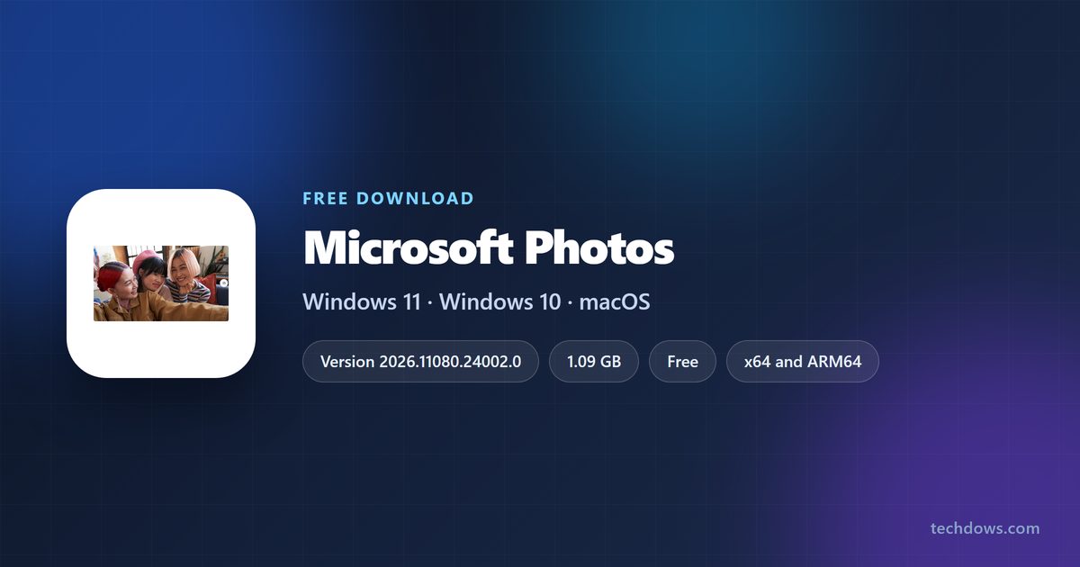 Microsoft Photos icon with version, download size and supported systems