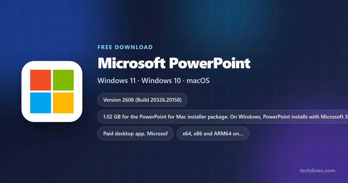 Microsoft PowerPoint logo with version, size and supported systems