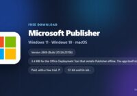 Microsoft Publisher spec card with version, licence and supported Windows releases
