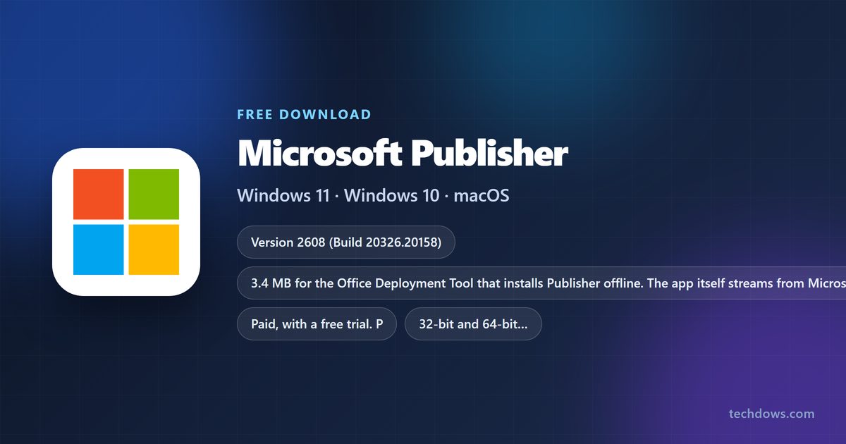 Microsoft Publisher spec card with version, licence and supported Windows releases