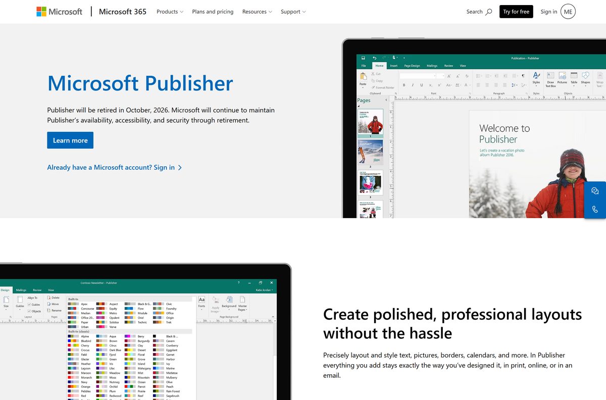 Microsoft Publisher product page with the retirement notice at the top