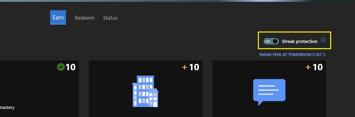 Microsoft Rewards Earn tab with the Streak protection toggle highlighted