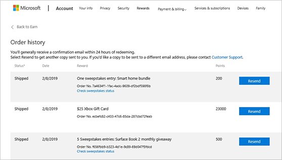 Microsoft Rewards Order history table listing rewards with a Resend button