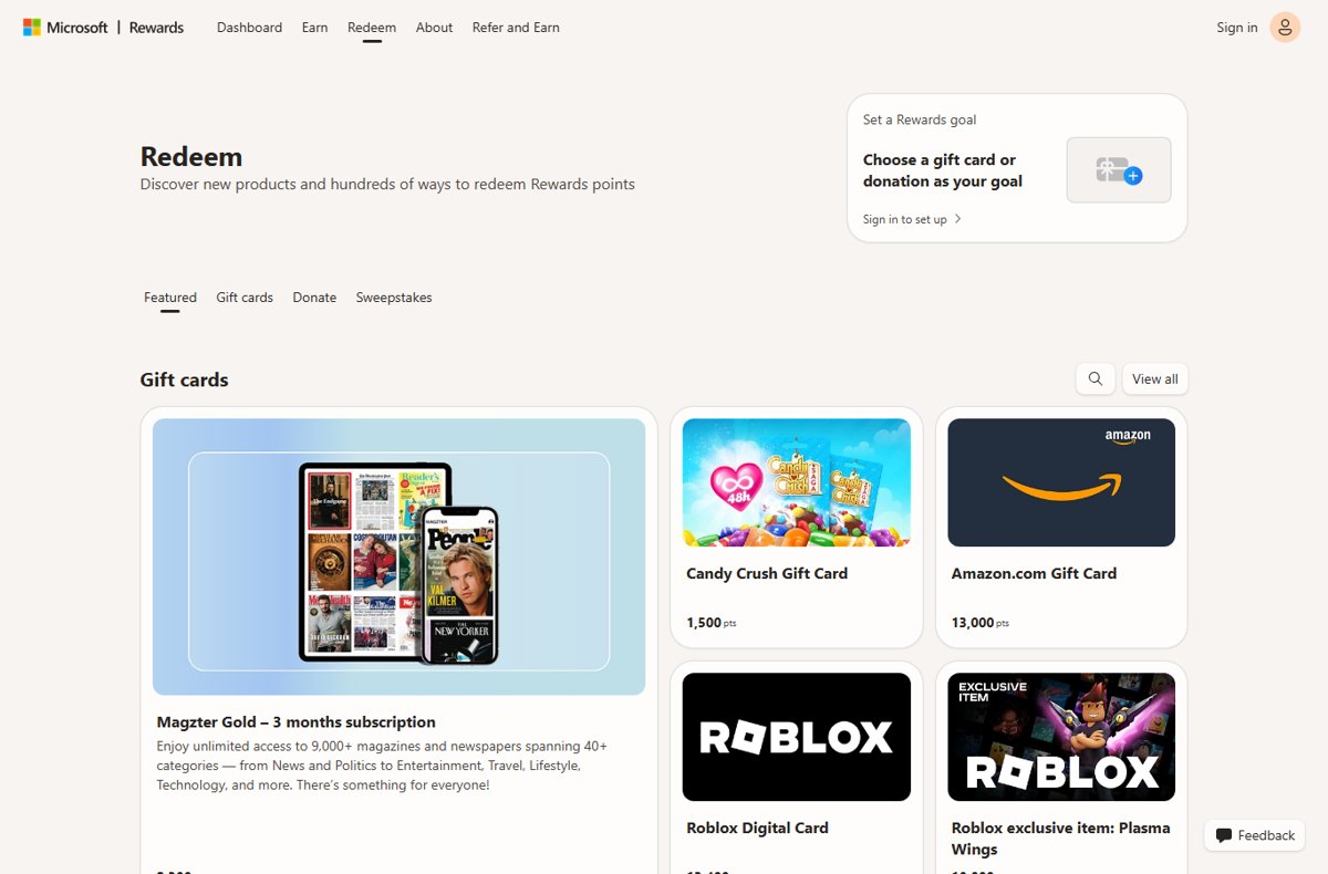 Microsoft Rewards Redeem tab showing gift card point prices