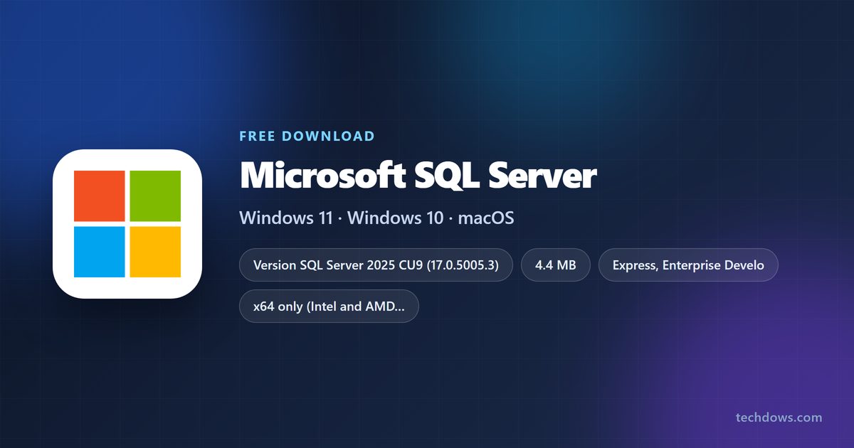 Microsoft SQL Server card with version, installer size and supported systems