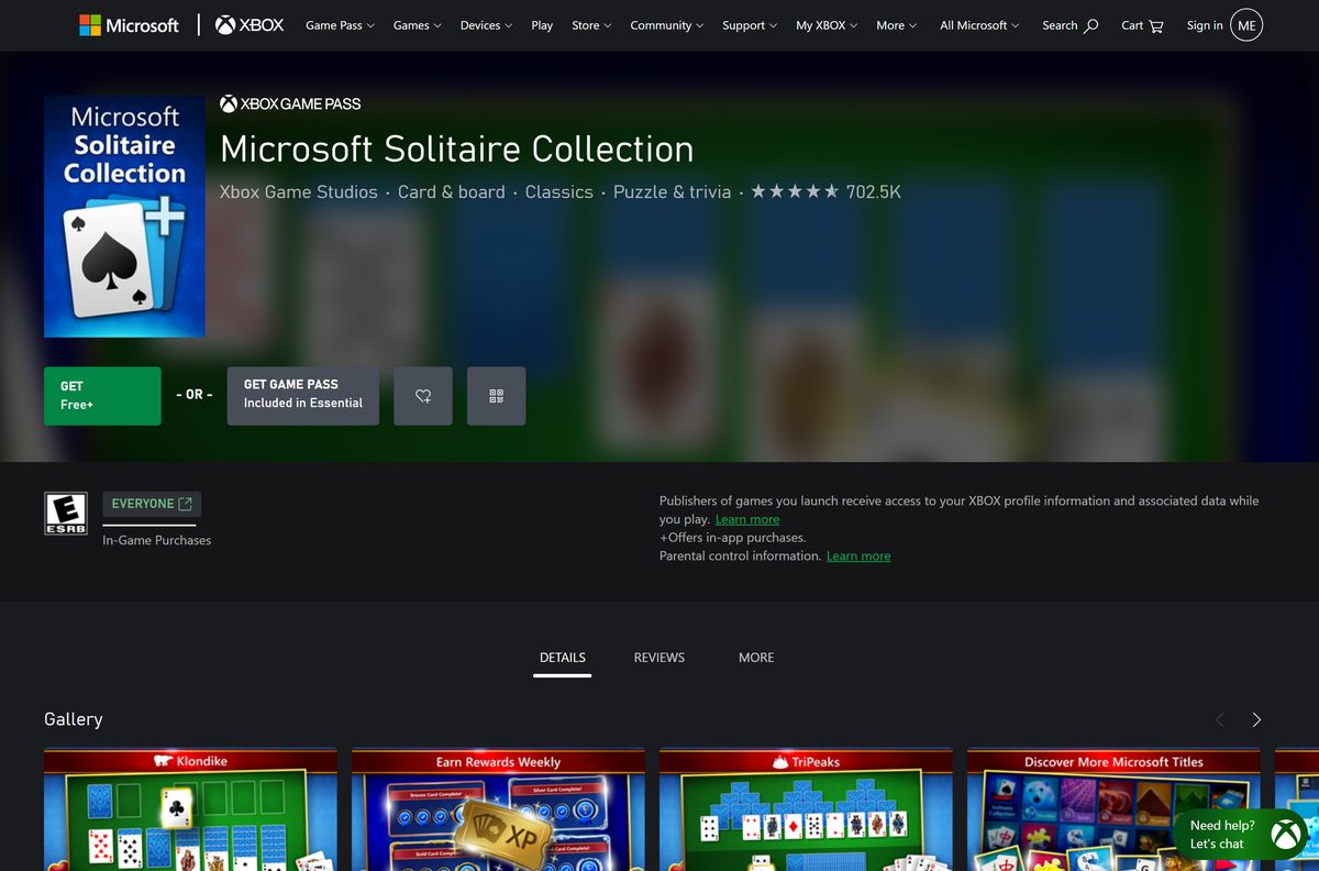 Xbox.com page for Microsoft Solitaire Collection with Game Pass details