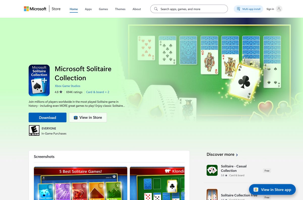 Microsoft Store listing for Microsoft Solitaire Collection with its Get button