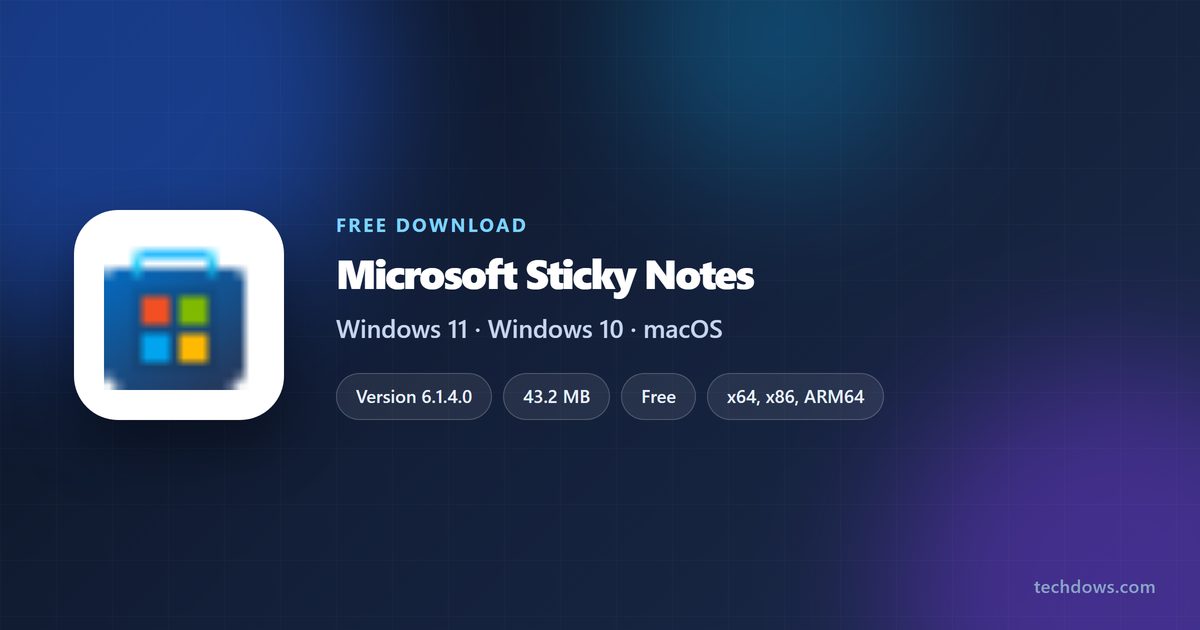 Sticky Notes spec card with version, size and supported Windows versions