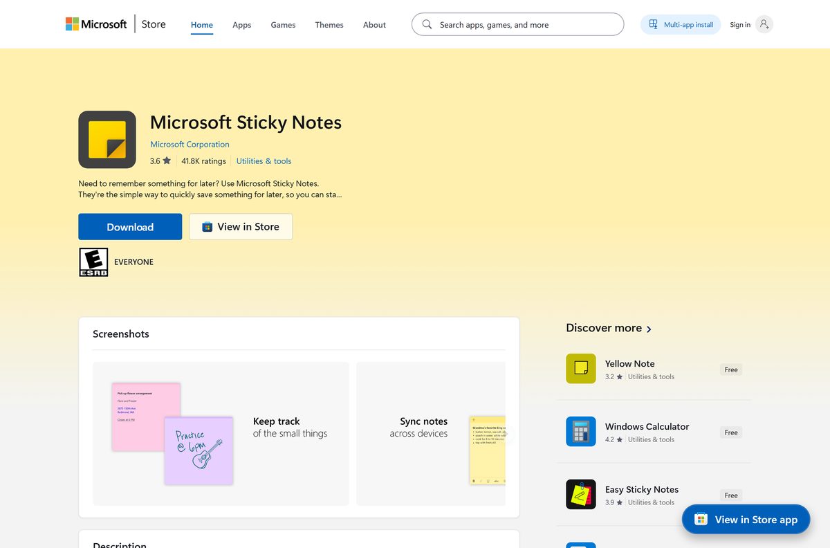 Microsoft Store listing for Sticky Notes with its publisher and Get button