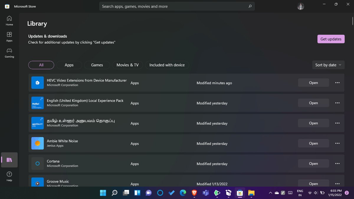 Microsoft Store Library listing HEVC Video Extensions from Device Manufacturer