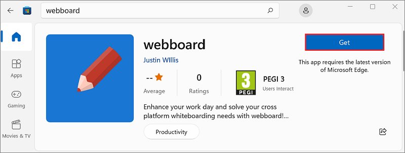 Microsoft Store app listing page with the Get button highlighted