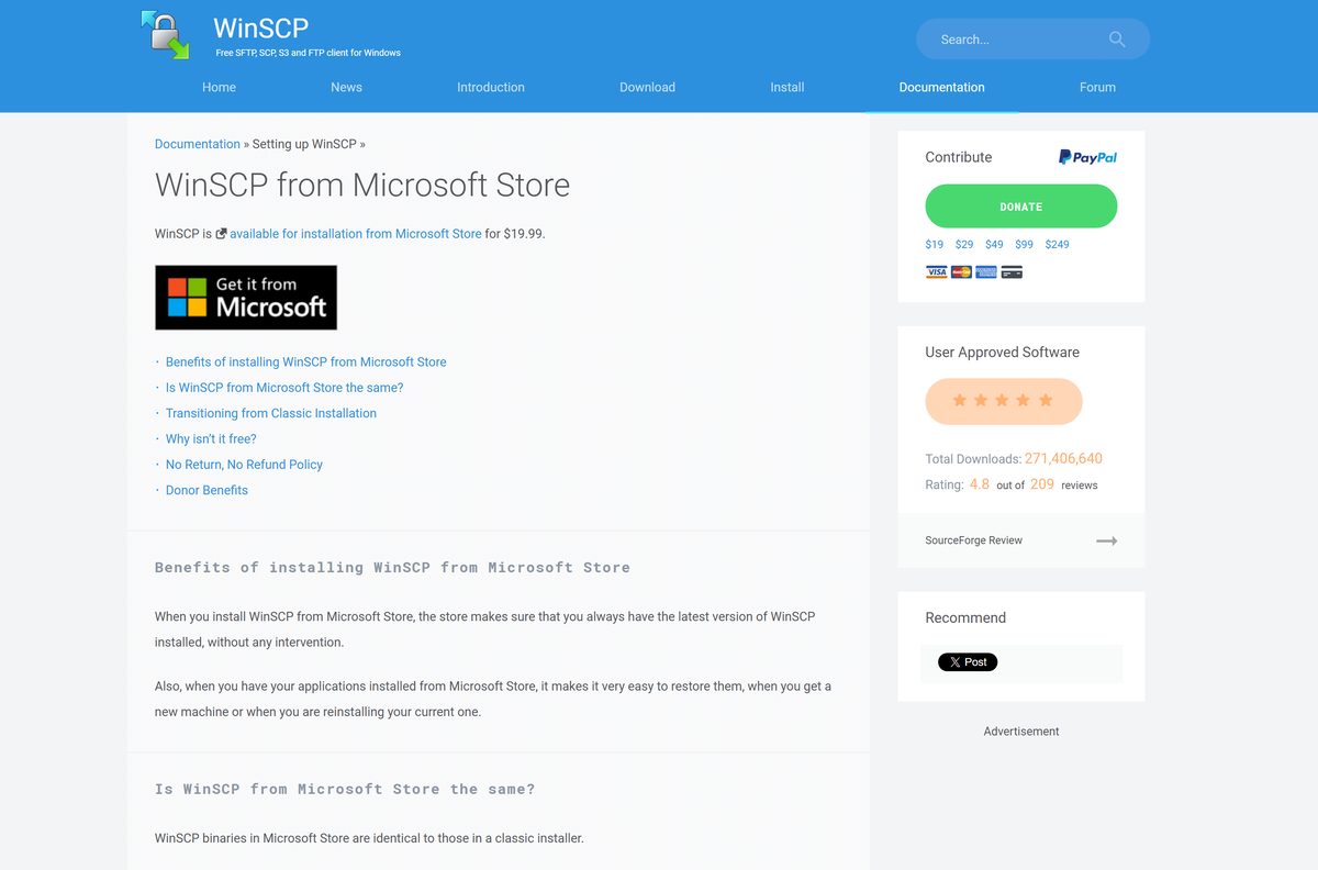 WinSCP page explaining the paid Microsoft Store edition