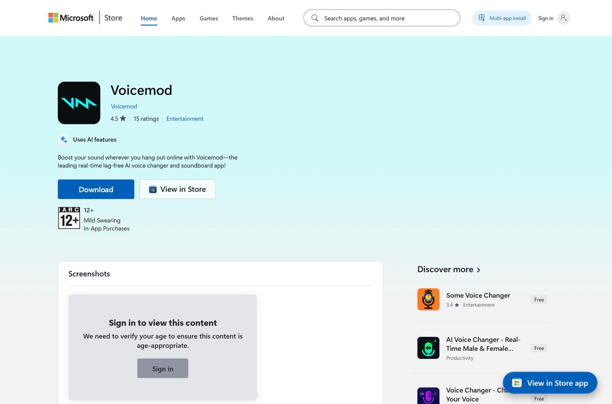Microsoft Store listing for Voicemod with its publisher details