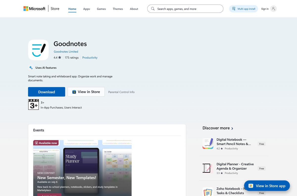 Microsoft Store listing for Goodnotes with its rating and Get button